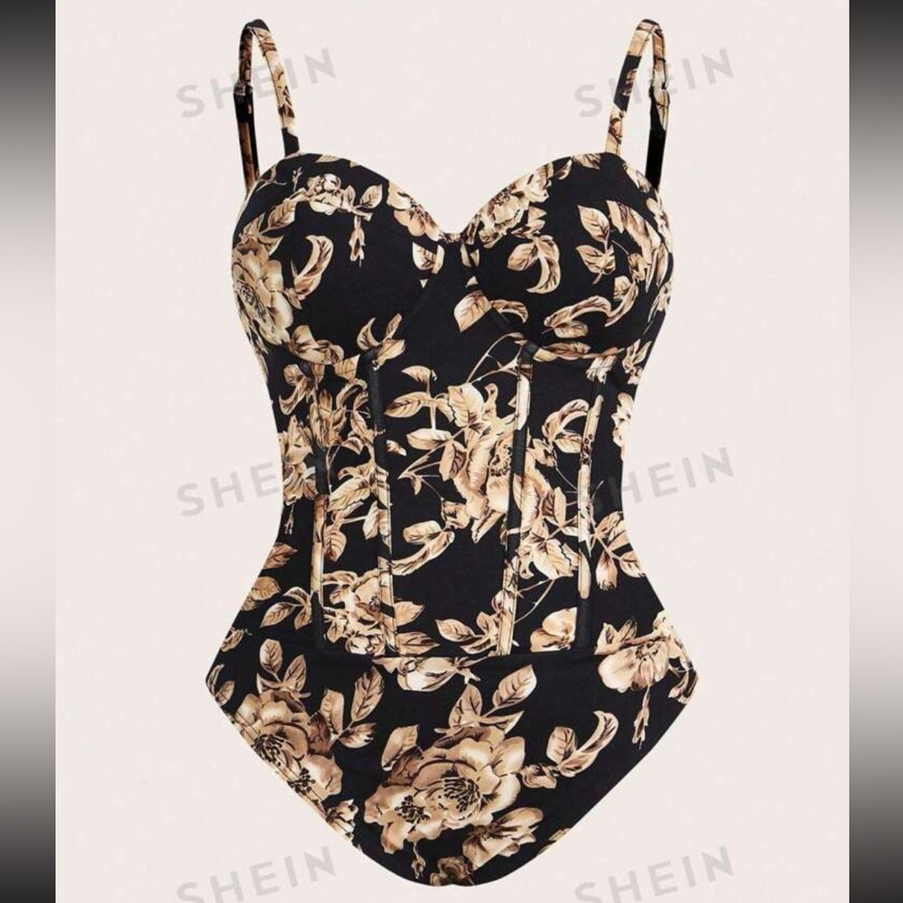 FWP SHEIN Plus size Floral Shaping Body Suit in Black or cream/ivory - Picture 5 of 8